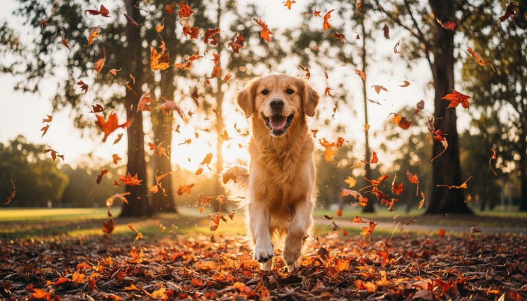 An ecstatic golden retriever leaping joyfully through autumn leaves in a Bayswater park, perfectly framed by the golden hour light, showcasing Bayswater Victoria pet photography capturing joyful moments with dynamic movement and vibrant colours.