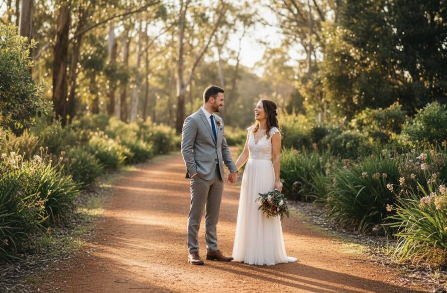 A newlywed couple shares a tender, genuine laugh amidst the scenic gum trees of Bayswater, Victoria, bathed in golden hour light, capturing beautiful Bayswater Victoria wedding photography candid moments.