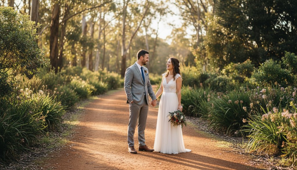 A newlywed couple shares a tender, genuine laugh amidst the scenic gum trees of Bayswater, Victoria, bathed in golden hour light, capturing beautiful Bayswater Victoria wedding photography candid moments.