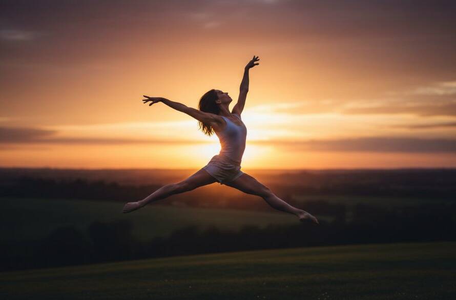 An epic moment of a dancer in Beaconsfield Dance Photography for Elegant Movement, captured mid-air in a powerful leap, silhouetted against a golden sunset over the Beaconsfield hills, showcasing incredible athleticism and grace.