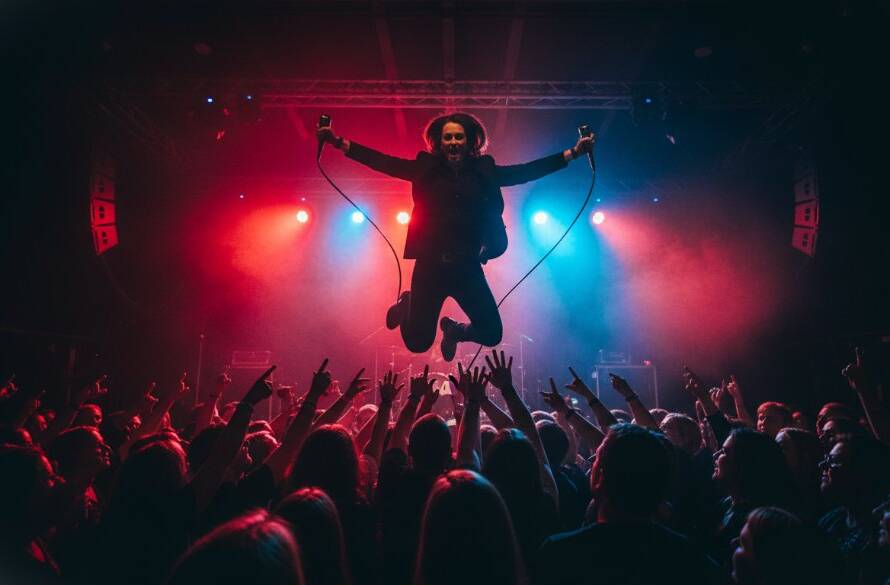 A wide-angle, low-angle professional photograph capturing a lead guitarist mid-shred under dramatic blue and red stage lights at a vibrant Beaconsfield live music event, with the crowd's hands raised in the foreground, showcasing powerful Beaconsfield live music photography dynamic shots.