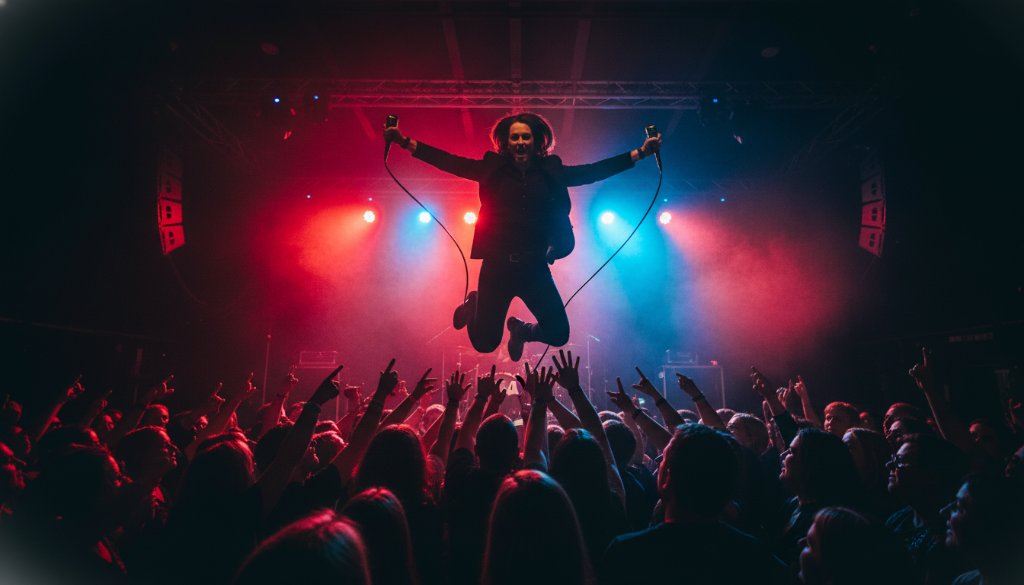 A wide-angle, low-angle professional photograph capturing a lead guitarist mid-shred under dramatic blue and red stage lights at a vibrant Beaconsfield live music event, with the crowd's hands raised in the foreground, showcasing powerful Beaconsfield live music photography dynamic shots.