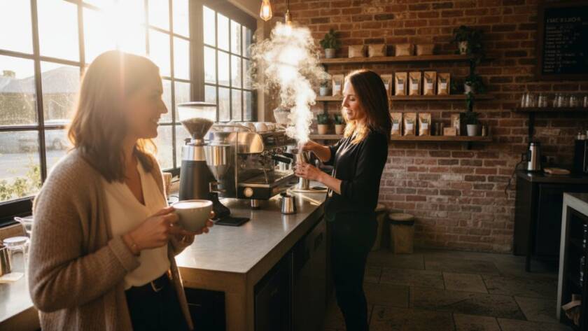 An inspiring wide-angle shot showcasing a local cafe owner proudly presenting a beautifully crafted latte to a smiling customer, bathed in golden hour light, reflecting the essence of professional Beaconsfield Victoria commercial photography for local businesses, captured during an epic moment of connection and local commerce.