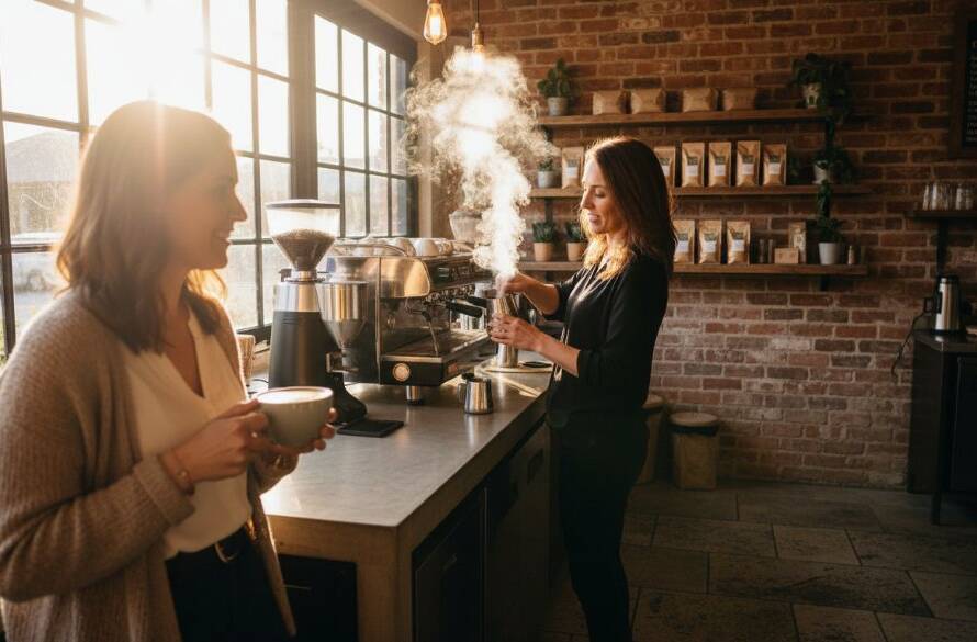 An inspiring wide-angle shot showcasing a local cafe owner proudly presenting a beautifully crafted latte to a smiling customer, bathed in golden hour light, reflecting the essence of professional Beaconsfield Victoria commercial photography for local businesses, captured during an epic moment of connection and local commerce.