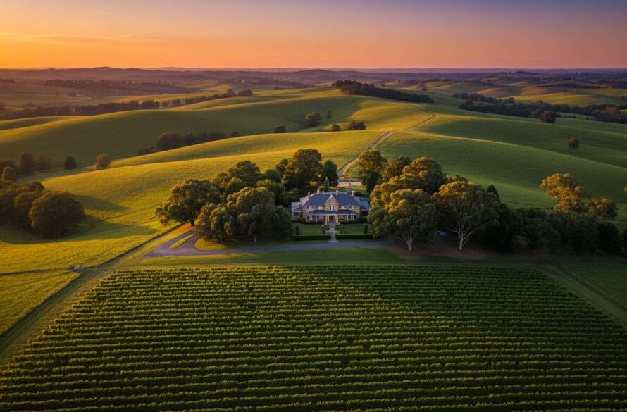 An epic drone shot at sunset over the rolling hills of Beaconsfield, Victoria, showcasing the vibrant colours of a vineyard with a grand estate house in the distance, bathed in golden hour light. The shot highlights the unique beauty achievable with Beaconsfield Victoria drone photography stunning aerials.