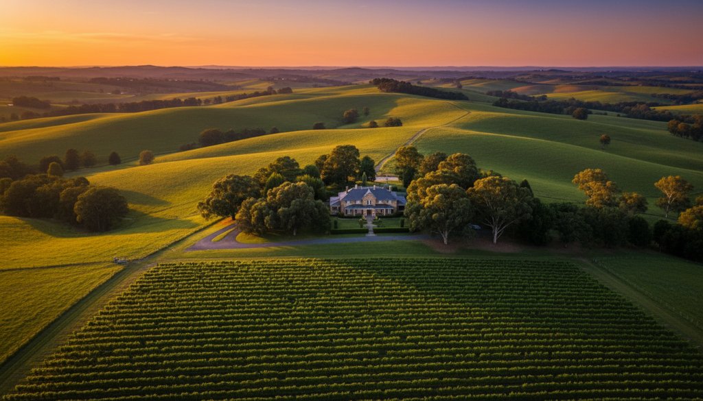 An epic drone shot at sunset over the rolling hills of Beaconsfield, Victoria, showcasing the vibrant colours of a vineyard with a grand estate house in the distance, bathed in golden hour light. The shot highlights the unique beauty achievable with Beaconsfield Victoria drone photography stunning aerials.