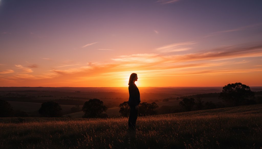 An epic moment in Beaconsfield Victoria Fine Art Photography Capturing Local Soul, featuring a person silhouetted against a dramatic sunset over rolling hills, evoking deep emotion and timeless beauty.