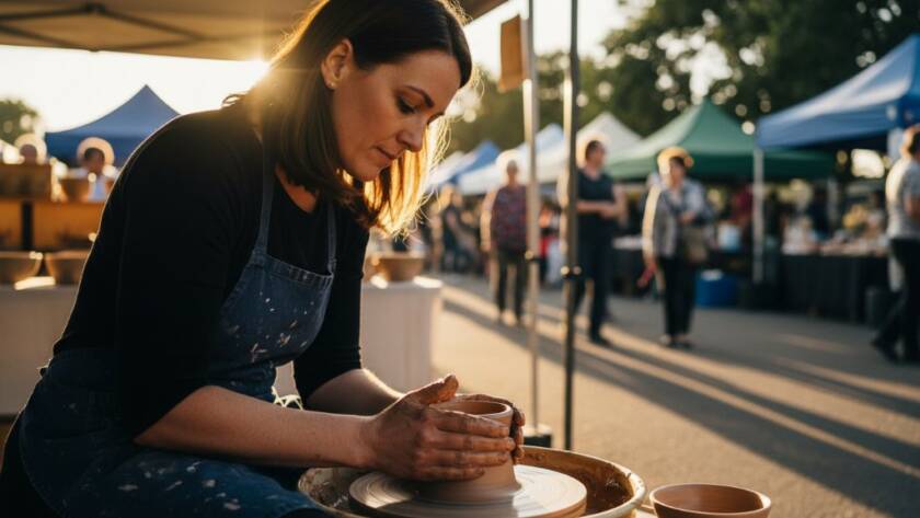 Dynamic Beaconsfield Victoria lifestyle advertising photography featuring a local artisan passionately crafting pottery at a sunlit outdoor market stall in Beaconsfield, capturing an authentic moment of creation with dramatic, warm lighting.