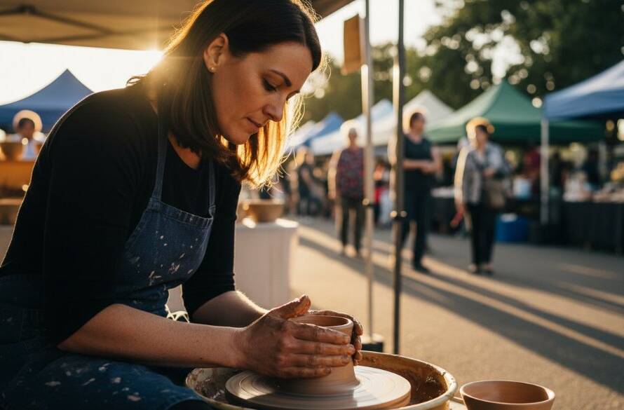 Dynamic Beaconsfield Victoria lifestyle advertising photography featuring a local artisan passionately crafting pottery at a sunlit outdoor market stall in Beaconsfield, capturing an authentic moment of creation with dramatic, warm lighting.