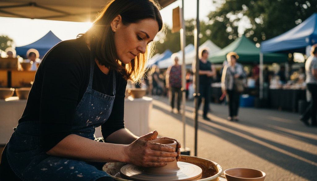 Dynamic Beaconsfield Victoria lifestyle advertising photography featuring a local artisan passionately crafting pottery at a sunlit outdoor market stall in Beaconsfield, capturing an authentic moment of creation with dramatic, warm lighting.