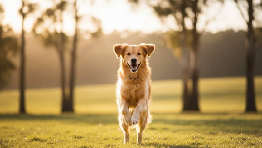 A majestic golden retriever joyfully leaping through golden hour light in a Beaconsfield park, capturing the essence of Beaconsfield Victoria pet photography vibrant portraits with a professional, cinematic feel.