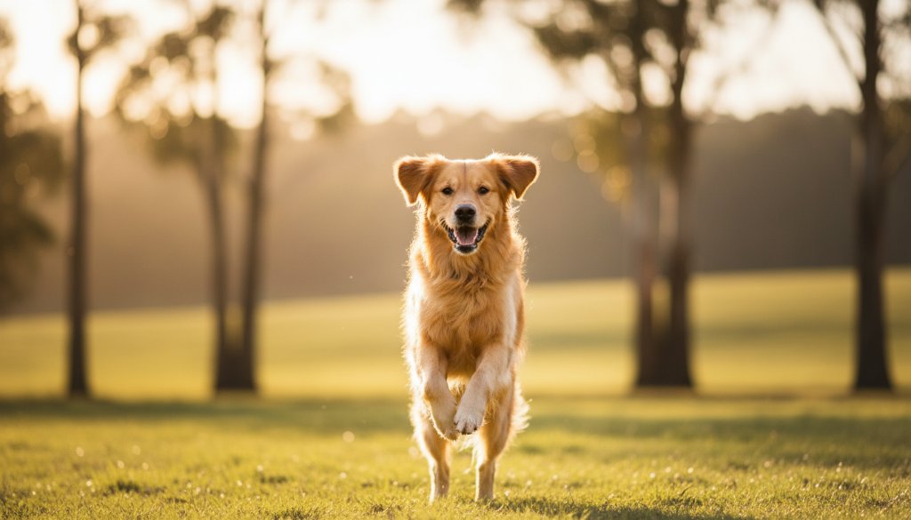 A majestic golden retriever joyfully leaping through golden hour light in a Beaconsfield park, capturing the essence of Beaconsfield Victoria pet photography vibrant portraits with a professional, cinematic feel.