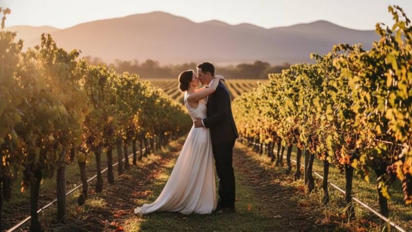 An epic moment captured in Beaconsfield Victoria rustic wedding photography, featuring a newlywed couple silhouetted against a golden sunset in a rustic vineyard, surrounded by warm, ethereal light.