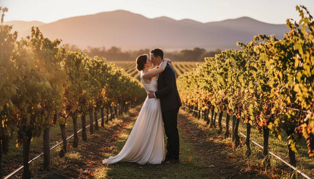 An epic moment captured in Beaconsfield Victoria rustic wedding photography, featuring a newlywed couple silhouetted against a golden sunset in a rustic vineyard, surrounded by warm, ethereal light.