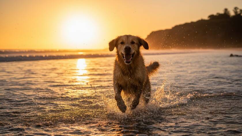An exuberant Golden Retriever mid-leap, fetching a ball against a dramatic sunset over the Beaumaris coastline, embodying Beaumaris beach dog photography vibrant moments. Professional, color-graded cinematic shot with water splashing and golden light.
