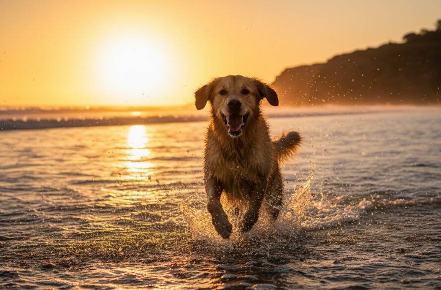 An exuberant Golden Retriever mid-leap, fetching a ball against a dramatic sunset over the Beaumaris coastline, embodying Beaumaris beach dog photography vibrant moments. Professional, color-graded cinematic shot with water splashing and golden light.