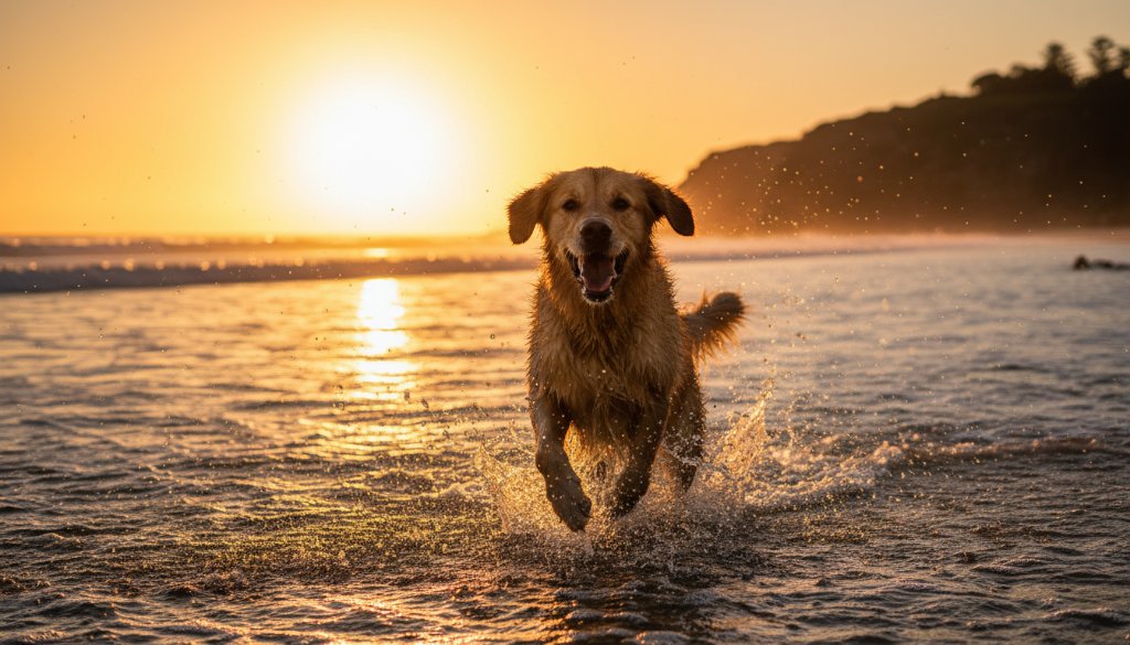 An exuberant Golden Retriever mid-leap, fetching a ball against a dramatic sunset over the Beaumaris coastline, embodying Beaumaris beach dog photography vibrant moments. Professional, color-graded cinematic shot with water splashing and golden light.