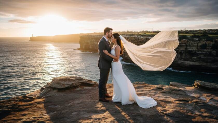 A newly married couple sharing an intimate, joyful embrace against a dramatic sunset backdrop on Beaumaris Beach, expertly captured by Beaumaris Beach Wedding Photography Victoria, showcasing the stunning coastal beauty of Victoria.