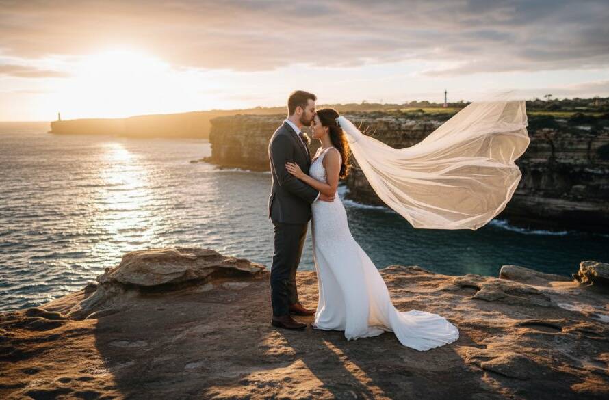 A newly married couple sharing an intimate, joyful embrace against a dramatic sunset backdrop on Beaumaris Beach, expertly captured by Beaumaris Beach Wedding Photography Victoria, showcasing the stunning coastal beauty of Victoria.