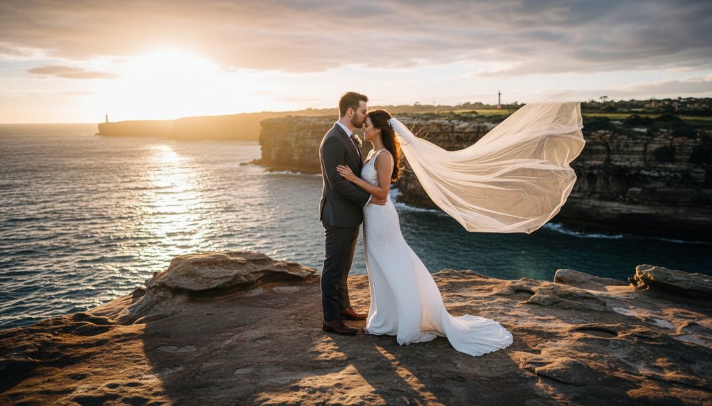 A newly married couple sharing an intimate, joyful embrace against a dramatic sunset backdrop on Beaumaris Beach, expertly captured by Beaumaris Beach Wedding Photography Victoria, showcasing the stunning coastal beauty of Victoria.
