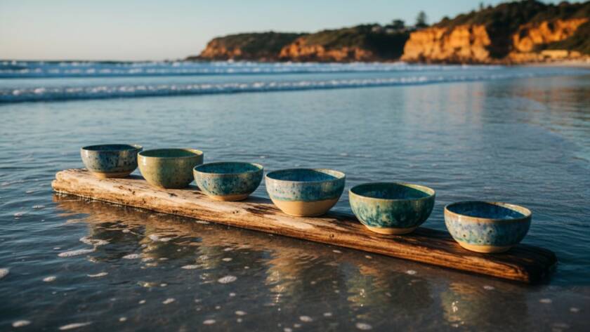 An epic moment capture of exquisitely handcrafted ceramic mugs, arranged artfully on a weathered wooden table by the Beaumaris coastline, bathed in golden hour light, highlighting their intricate details and textures, perfect for Beaumaris bespoke product photography for local artisans.