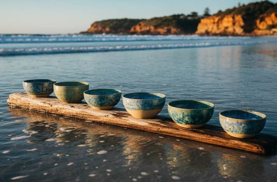 An epic moment capture of exquisitely handcrafted ceramic mugs, arranged artfully on a weathered wooden table by the Beaumaris coastline, bathed in golden hour light, highlighting their intricate details and textures, perfect for Beaumaris bespoke product photography for local artisans.