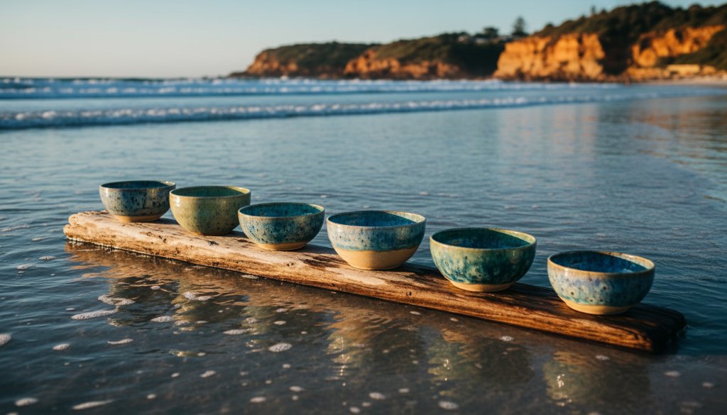 An epic moment capture of exquisitely handcrafted ceramic mugs, arranged artfully on a weathered wooden table by the Beaumaris coastline, bathed in golden hour light, highlighting their intricate details and textures, perfect for Beaumaris bespoke product photography for local artisans.