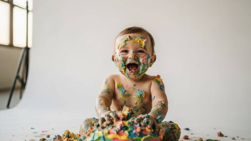 An epic moment captured by a Beaumaris cake smash photographer, showing a gleeful baby covered in colourful frosting, giggling amidst a delightful cake destruction, with soft golden hour light filtering through coastal Beaumaris surroundings, showcasing pure first birthday joy.