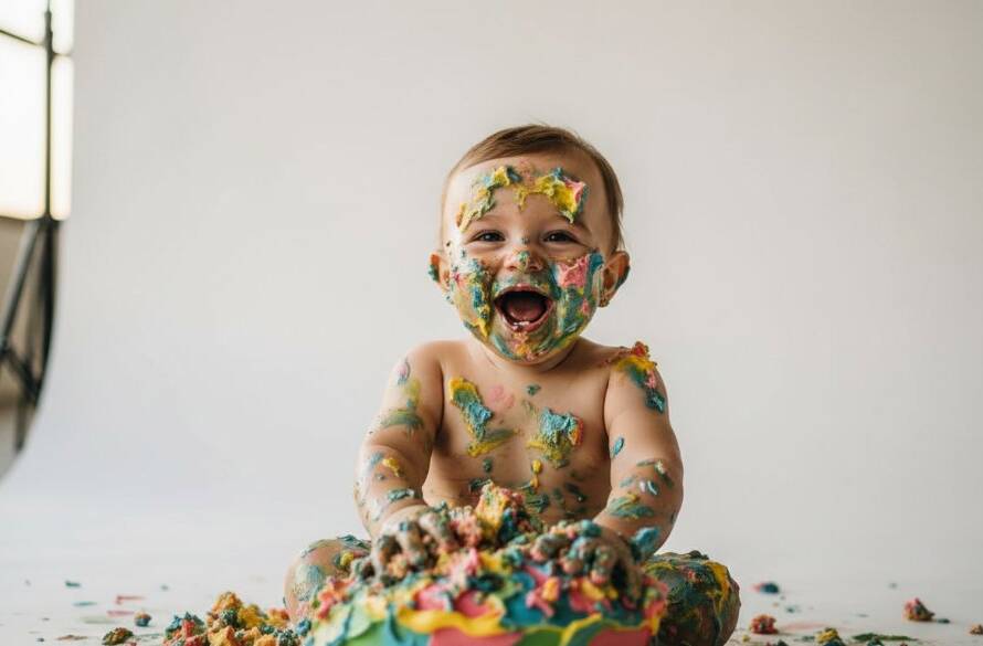An epic moment captured by a Beaumaris cake smash photographer, showing a gleeful baby covered in colourful frosting, giggling amidst a delightful cake destruction, with soft golden hour light filtering through coastal Beaumaris surroundings, showcasing pure first birthday joy.
