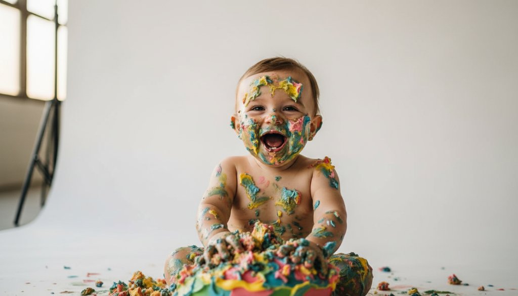 An epic moment captured by a Beaumaris cake smash photographer, showing a gleeful baby covered in colourful frosting, giggling amidst a delightful cake destruction, with soft golden hour light filtering through coastal Beaumaris surroundings, showcasing pure first birthday joy.