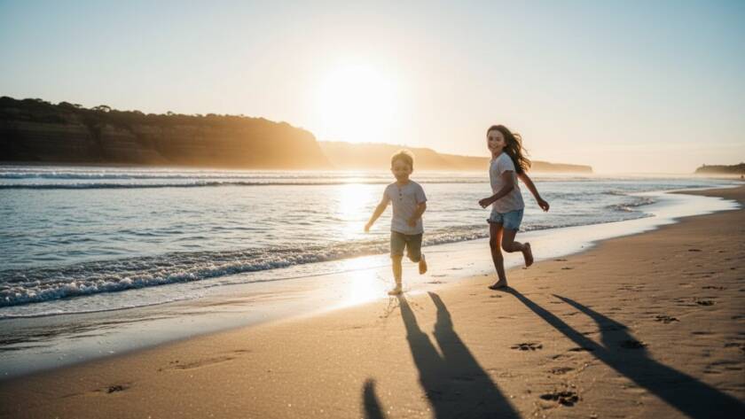 An epic moment of Beaumaris candid kids photography capturing genuine joy, featuring a child running ecstatically on Beaumaris beach at sunset, silhouetted against a golden sky with splashing water, taken by a professional photographer.