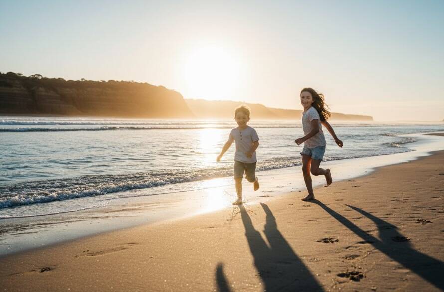 An epic moment of Beaumaris candid kids photography capturing genuine joy, featuring a child running ecstatically on Beaumaris beach at sunset, silhouetted against a golden sky with splashing water, taken by a professional photographer.