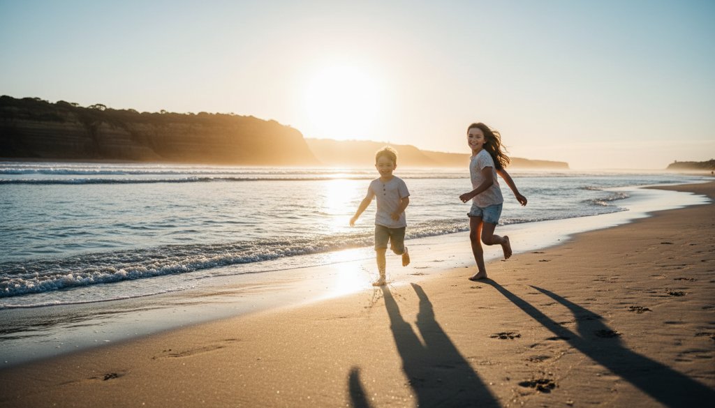 An epic moment of Beaumaris candid kids photography capturing genuine joy, featuring a child running ecstatically on Beaumaris beach at sunset, silhouetted against a golden sky with splashing water, taken by a professional photographer.