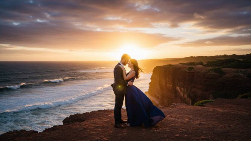 An epic romantic moment captured during a Beaumaris Coastal Engagement Photo Shoot Victoria, featuring a couple embracing dramatically against a golden sunset over the rugged cliffs of Beaumaris, with waves crashing gently below.