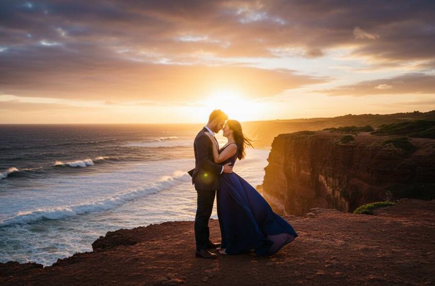 An epic romantic moment captured during a Beaumaris Coastal Engagement Photo Shoot Victoria, featuring a couple embracing dramatically against a golden sunset over the rugged cliffs of Beaumaris, with waves crashing gently below.