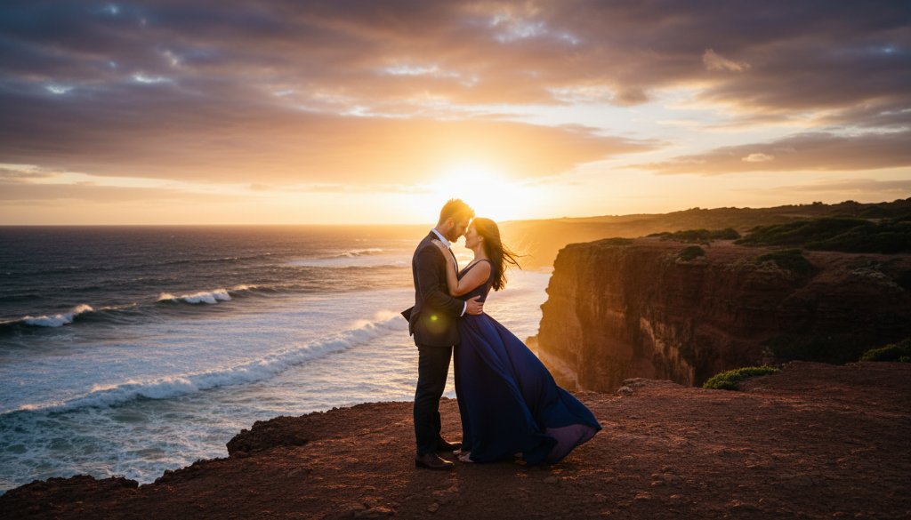 An epic romantic moment captured during a Beaumaris Coastal Engagement Photo Shoot Victoria, featuring a couple embracing dramatically against a golden sunset over the rugged cliffs of Beaumaris, with waves crashing gently below.