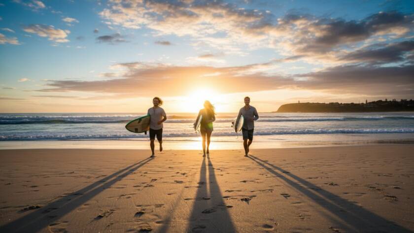 A dynamic wide shot capturing a model laughing joyfully while paddleboarding at sunset near the Beaumaris Bay coastline, showcasing vibrant Beaumaris coastal lifestyle advertising photography. Golden hour light bathes the scene, highlighting active, healthy living.