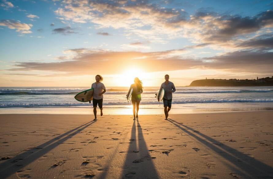 A dynamic wide shot capturing a model laughing joyfully while paddleboarding at sunset near the Beaumaris Bay coastline, showcasing vibrant Beaumaris coastal lifestyle advertising photography. Golden hour light bathes the scene, highlighting active, healthy living.