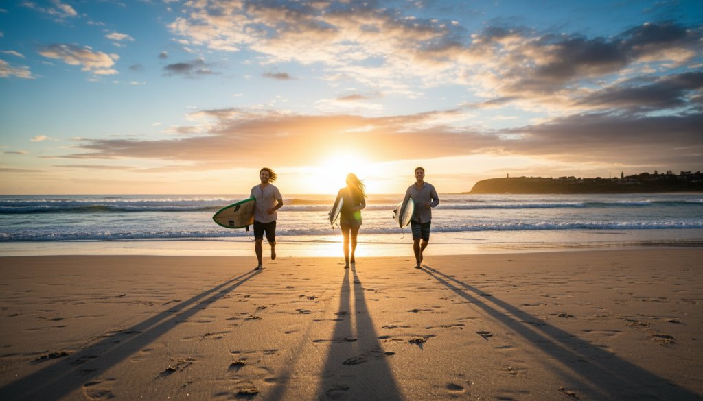 A dynamic wide shot capturing a model laughing joyfully while paddleboarding at sunset near the Beaumaris Bay coastline, showcasing vibrant Beaumaris coastal lifestyle advertising photography. Golden hour light bathes the scene, highlighting active, healthy living.