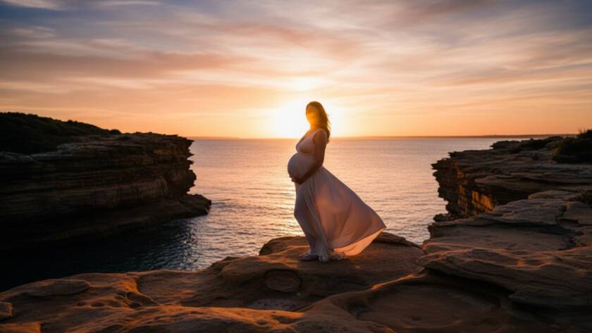 An expectant mother, illuminated by the golden hour sun on the dramatic cliffs of Beaumaris, during a Beaumaris coastal maternity photoshoot Victoria. She is cradling her belly, her dress flowing in the gentle sea breeze, with the sparkling Port Phillip Bay in the background, captured in a professional, emotionally resonant 'epic moment' style photograph.