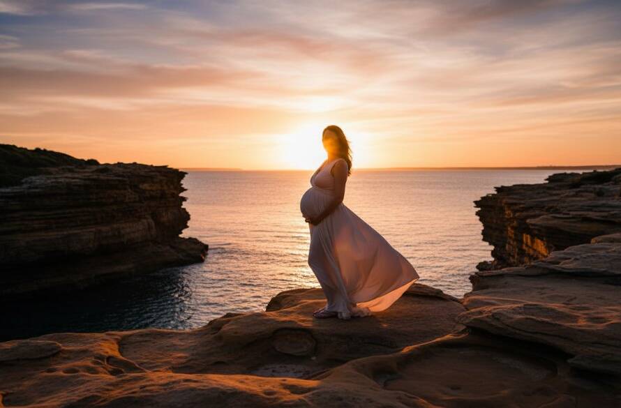 An expectant mother, illuminated by the golden hour sun on the dramatic cliffs of Beaumaris, during a Beaumaris coastal maternity photoshoot Victoria. She is cradling her belly, her dress flowing in the gentle sea breeze, with the sparkling Port Phillip Bay in the background, captured in a professional, emotionally resonant 'epic moment' style photograph.