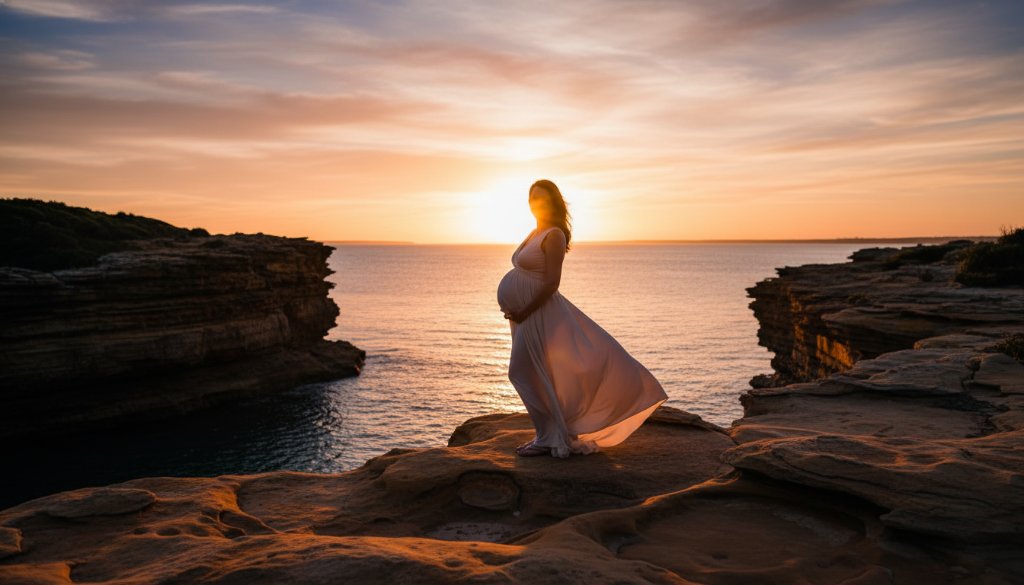 An expectant mother, illuminated by the golden hour sun on the dramatic cliffs of Beaumaris, during a Beaumaris coastal maternity photoshoot Victoria. She is cradling her belly, her dress flowing in the gentle sea breeze, with the sparkling Port Phillip Bay in the background, captured in a professional, emotionally resonant 'epic moment' style photograph.