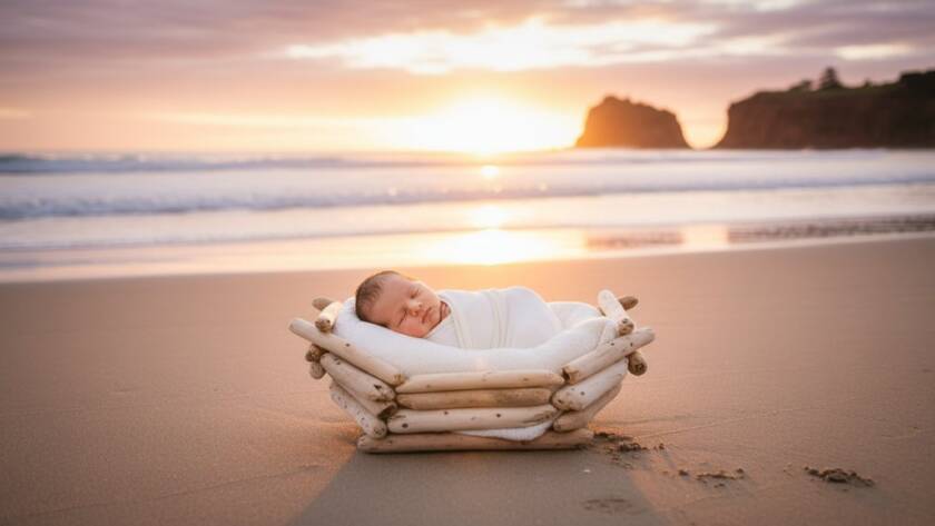 An ethereal, wide-angle shot of a peacefully sleeping newborn baby swaddled in soft white linen, nestled in a weathered wooden boat on the serene Beaumaris coastline at sunrise, embodying Beaumaris coastal newborn photography capturing precious memories, with golden light illuminating the scene and gentle waves in the background, professional and cinematic.
