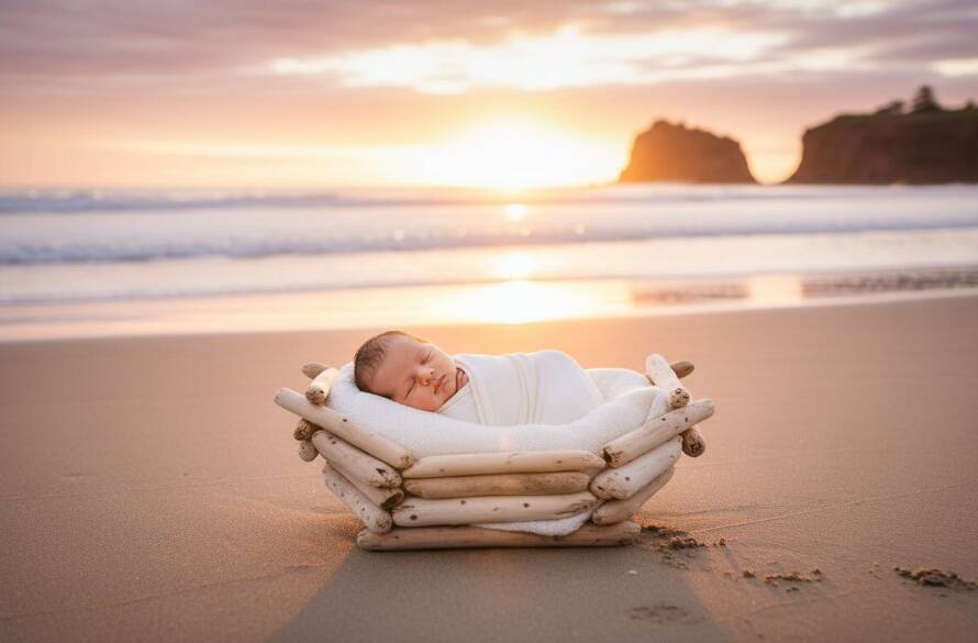 An ethereal, wide-angle shot of a peacefully sleeping newborn baby swaddled in soft white linen, nestled in a weathered wooden boat on the serene Beaumaris coastline at sunrise, embodying Beaumaris coastal newborn photography capturing precious memories, with golden light illuminating the scene and gentle waves in the background, professional and cinematic.