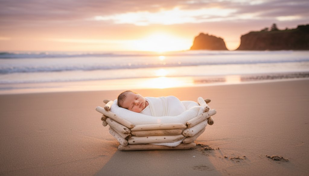 An ethereal, wide-angle shot of a peacefully sleeping newborn baby swaddled in soft white linen, nestled in a weathered wooden boat on the serene Beaumaris coastline at sunrise, embodying Beaumaris coastal newborn photography capturing precious memories, with golden light illuminating the scene and gentle waves in the background, professional and cinematic.