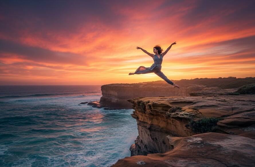 An exquisite Beaumaris contemporary dance photography shot featuring a female dancer mid-air, silhouetted against a dramatic Beaumaris sunset, capturing an epic moment of strength and grace.