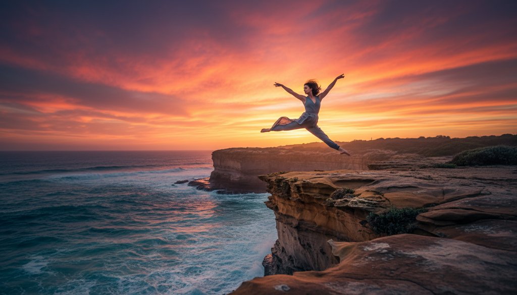 An exquisite Beaumaris contemporary dance photography shot featuring a female dancer mid-air, silhouetted against a dramatic Beaumaris sunset, capturing an epic moment of strength and grace.