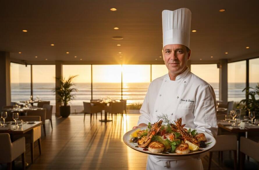 A dramatic close-up of a beautifully plated gourmet dish, possibly fresh seafood from Beaumaris, with soft, golden light highlighting its textures and vibrant colours, embodying Beaumaris culinary story food photography.