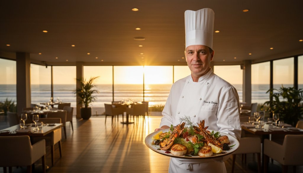 A dramatic close-up of a beautifully plated gourmet dish, possibly fresh seafood from Beaumaris, with soft, golden light highlighting its textures and vibrant colours, embodying Beaumaris culinary story food photography.