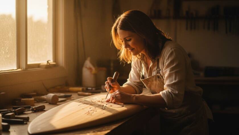 Dynamic scene of a local Beaumaris artisan passionately crafting pottery by a sun-drenched window, an epic moment in Beaumaris Editorial Photography Capturing Authentic Narratives, with dramatic natural light highlighting their focused work and studio details.
